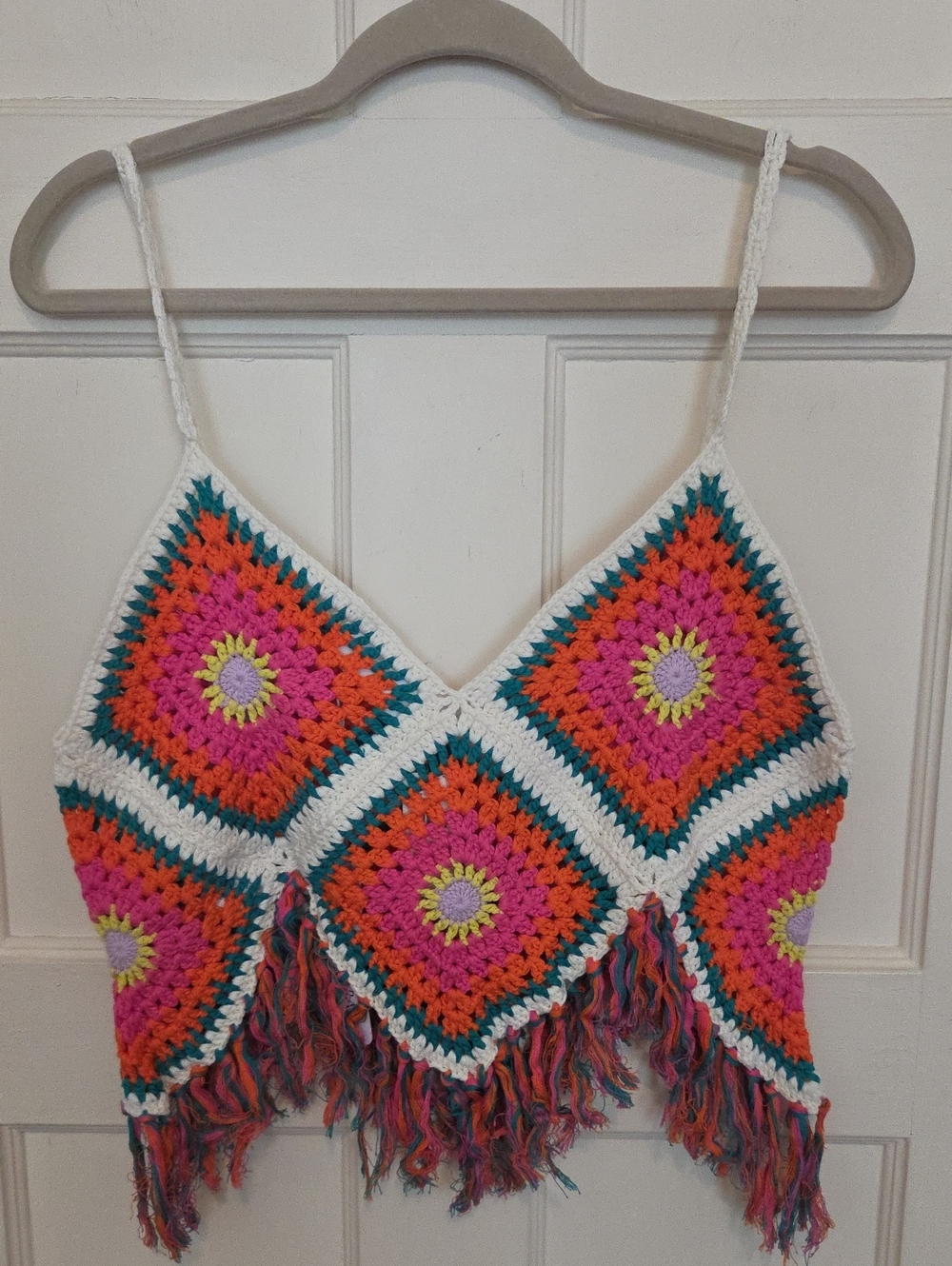 Self Contrast Dixie Crochet Camisole Knit Fringe Hem Top In Happy Colors SZ Med - Picture 14 of 16